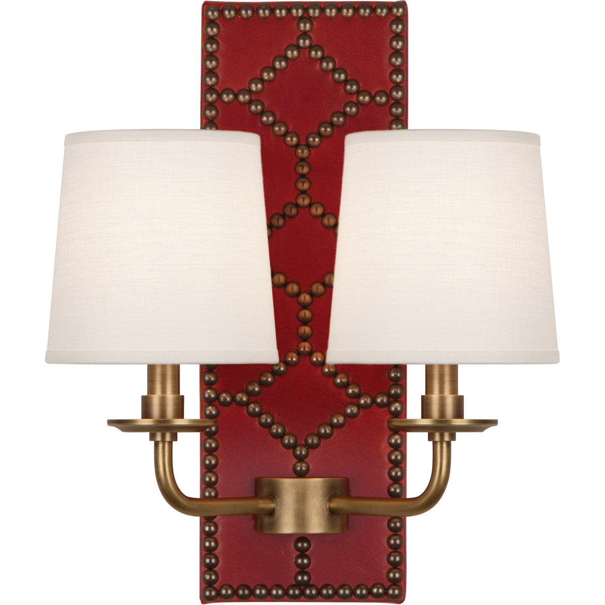 Robert Abbey  Williamsburg Williamsburg Lightfoot Wall Sconce in Backplate Upholstered in Dragons Blood Leather with Nailhead Detail and Aged Brass Accents 1031