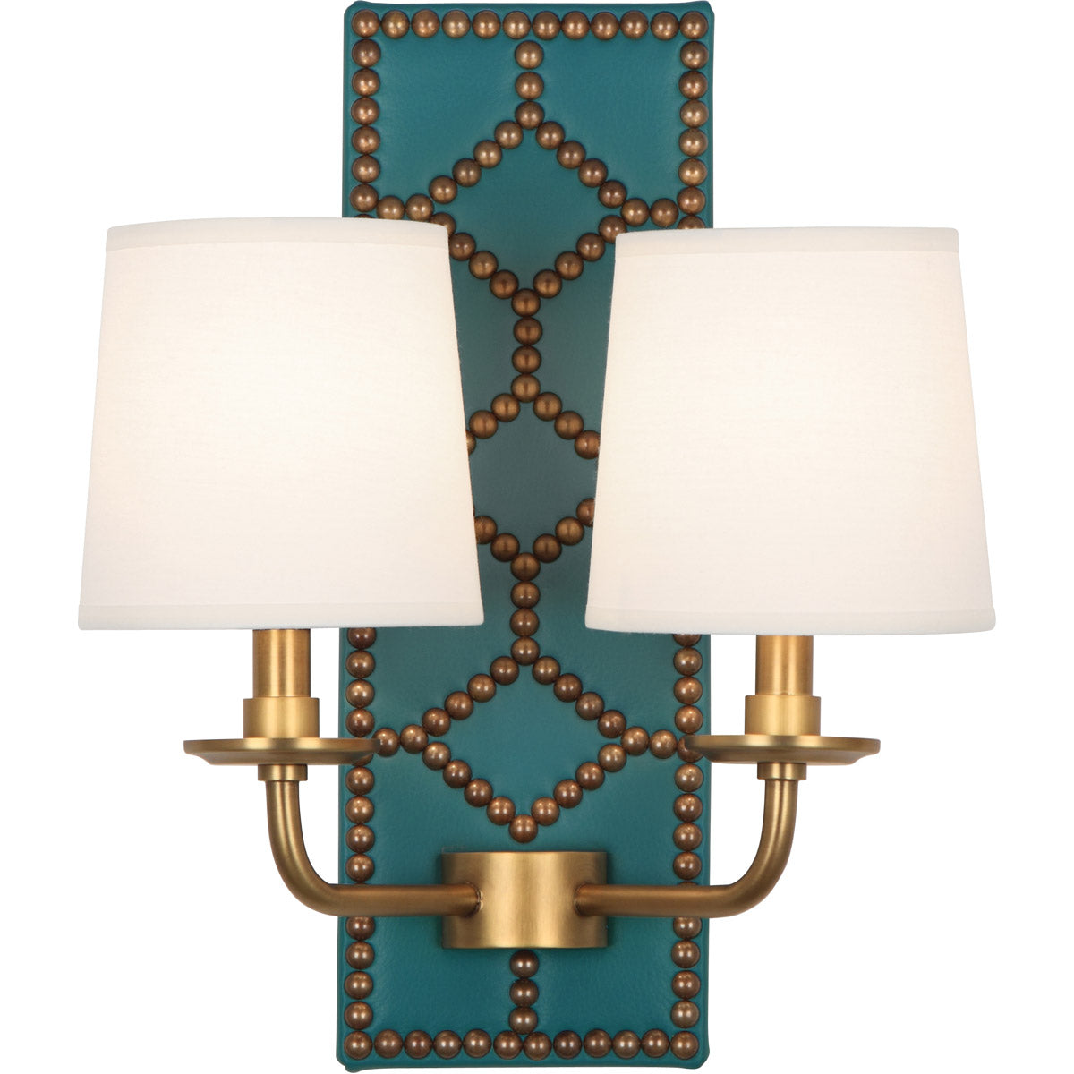 Robert Abbey  Williamsburg Williamsburg Lightfoot Wall Sconce in Backplate Upholstered in Mayo Teal Leather with Nailhead Detail and Aged Brass Accents 1033