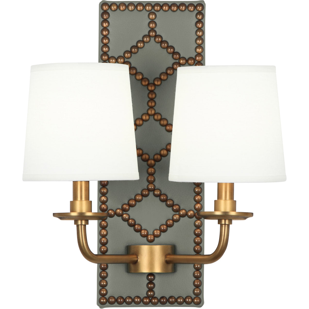 Robert Abbey  Williamsburg Williamsburg Lightfoot Wall Sconce in Backplate Upholstered in Carter Gray Leather with Nailhead Detail and Aged Brass Accents 1034