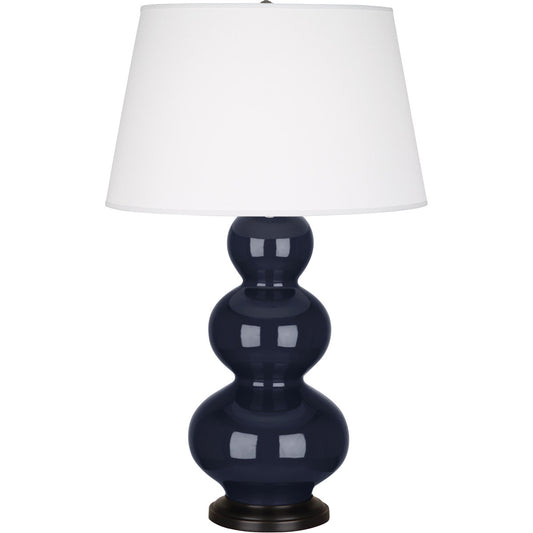 Robert Abbey  Midnight Triple Gourd Table Lamp in Midnight Blue Glazed Ceramic with Deep Patina Bronze Finished Accents MB41X