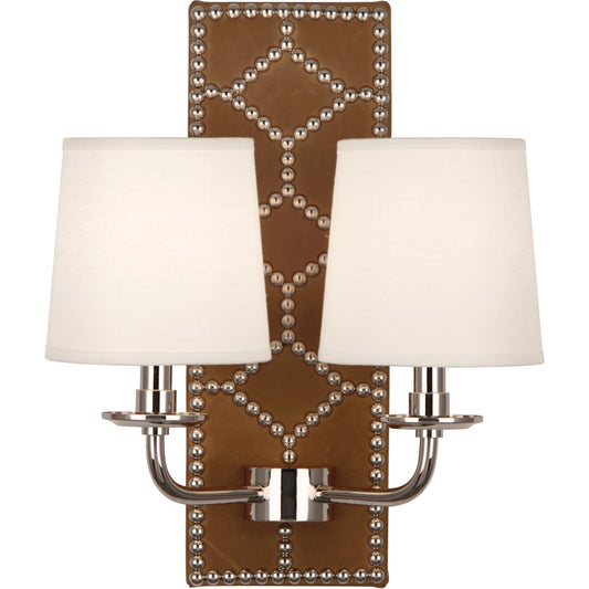 Robert Abbey  Williamsburg Williamsburg Lightfoot Wall Sconce in Backplate Upholstered in English Ochre Leather with Nailhead Detail and Polished Nickel Accents S1030