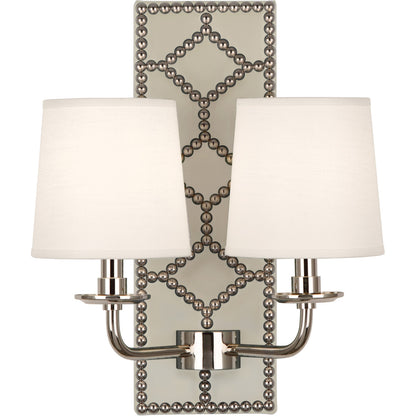 Robert Abbey  Williamsburg Williamsburg Lightfoot Wall Sconce in Backplate Upholstered in Bruton White Leather with Nailhead Detail and Polished Nickel Accents S1032