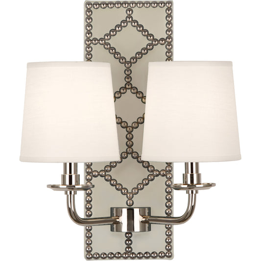 Robert Abbey  Williamsburg Williamsburg Lightfoot Wall Sconce in Backplate Upholstered in Bruton White Leather with Nailhead Detail and Polished Nickel Accents S1032