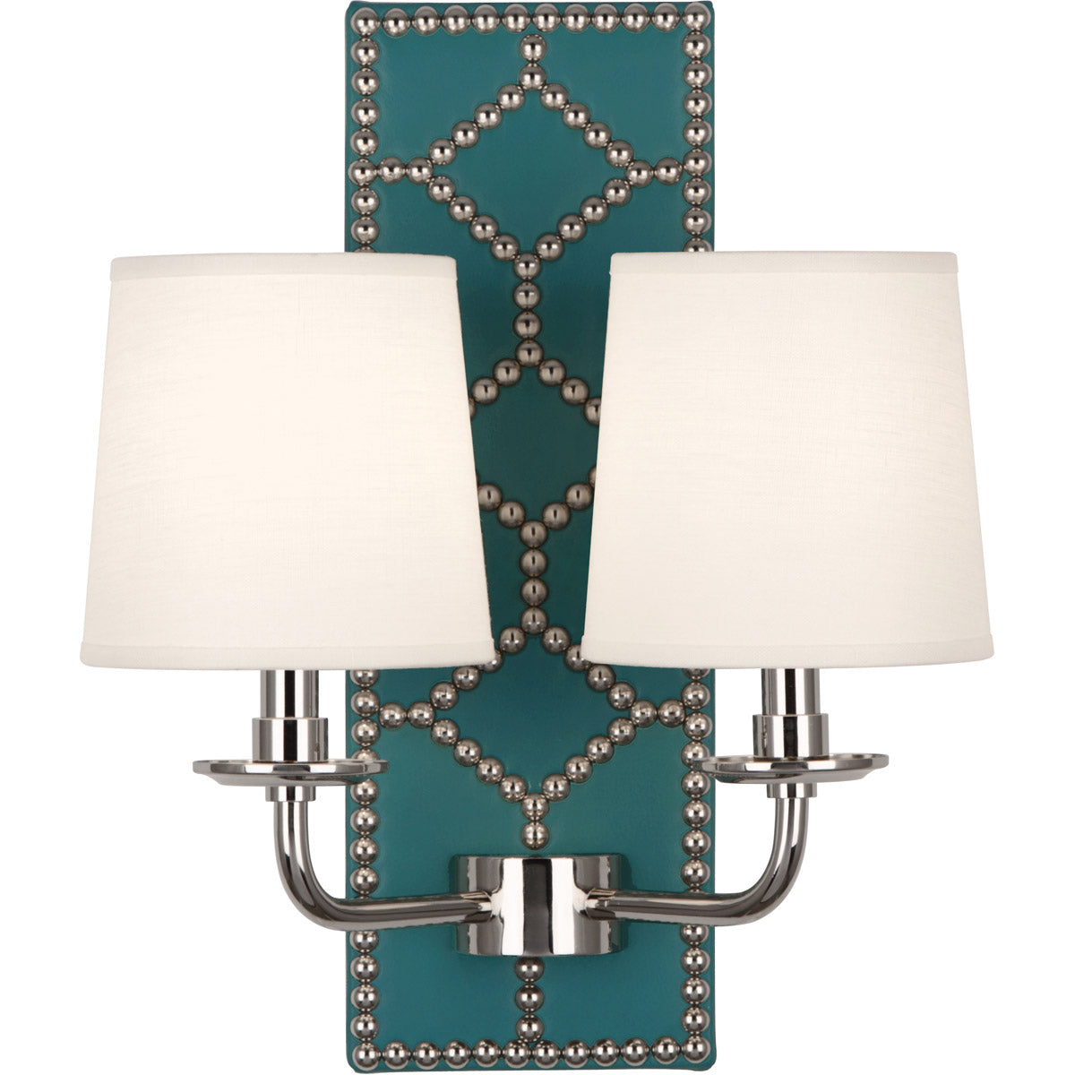 Robert Abbey  Williamsburg Williamsburg Lightfoot Wall Sconce in Backplate Upholstered in Mayo Teal Leather with Nailhead Detail and Polished Nickel Accents S1033