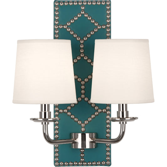 Robert Abbey  Williamsburg Williamsburg Lightfoot Wall Sconce in Backplate Upholstered in Mayo Teal Leather with Nailhead Detail and Polished Nickel Accents S1033