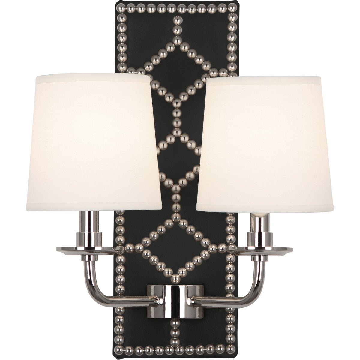 Robert Abbey  Williamsburg Williamsburg Lightfoot Wall Sconce in Backplate Upholstered in Blacksmith Black Leather with Nailhead Detail and Polished Nickel Accents S1035