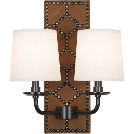 Robert Abbey  Williamsburg Williamsburg Lightfoot Wall Sconce in Backplate Upholstered in English Ochre Leather with Nailhead Detail and Deep Patina Bronze Accents Z1030