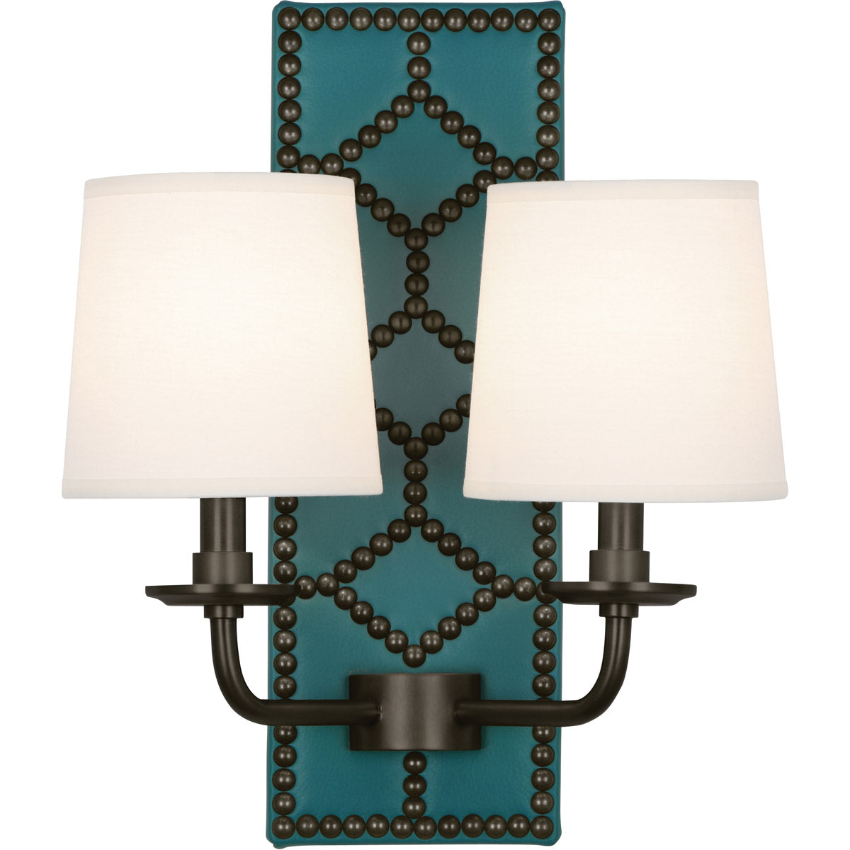 Robert Abbey  Williamsburg Williamsburg Lightfoot Wall Sconce in Backplate Upholstered in Mayo Teal Leather with Nailhead Detail and Deep Patina Bronze Accents Z1033