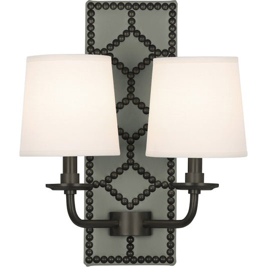 Robert Abbey  Williamsburg Williamsburg Lightfoot Wall Sconce in Backplate Upholstered in Carter Gray Leather with Nailhead Detail and Deep Patina Bronze Accents Z1034